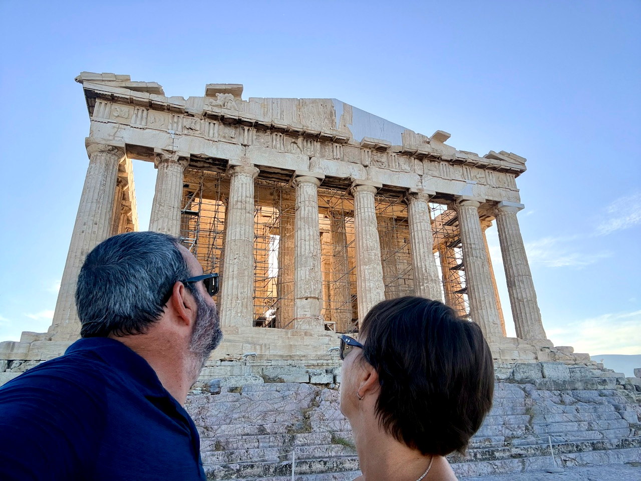 Julia and Daniel looking at the Parthenon.